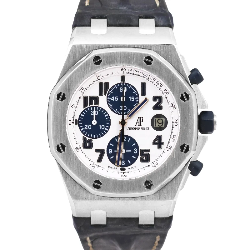 Unique Watches With Vintage Styles-Personalized Custom Rose Gold Bangles For Brides-Audemars Piguet Royal Oak Offshore WHITE Blue Leather Chronograph Steel 26170ST