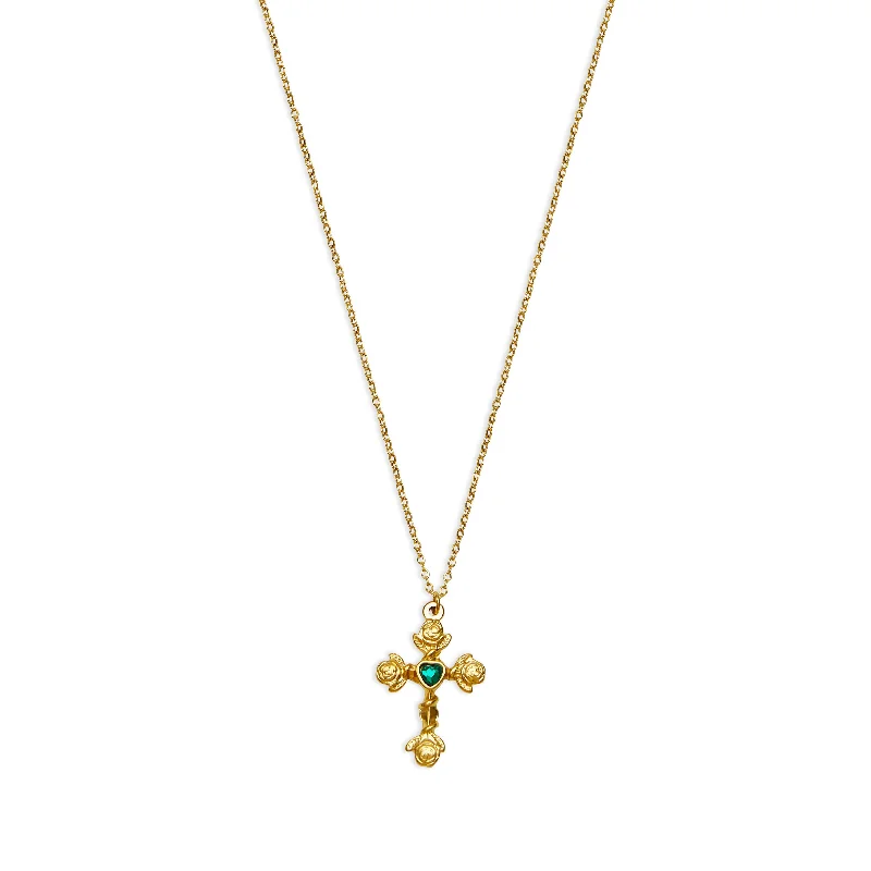 Simple Custom Bangles For Elegant Weddings-Classic Gold Chain Necklace For Casual Style-THE EMERALD HEART CROSS NECKLACE