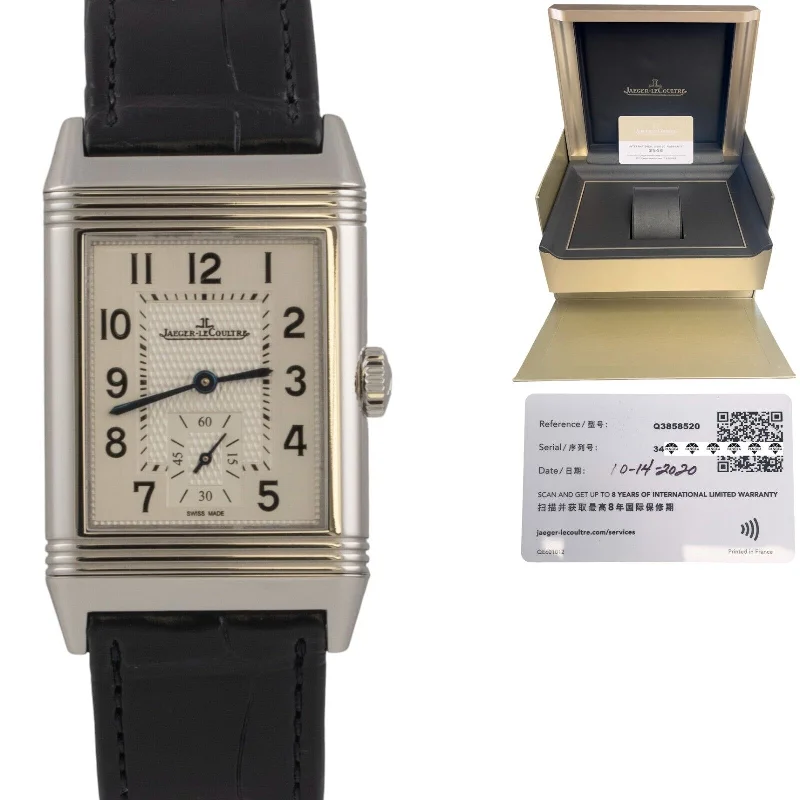 Designer Sports Watches For Active Lifestyles-Personalized Custom Gold Wedding Bangles For Brides-Jaeger LeCoultre Q3858520 Reverso Stainless Steel 46mm Monoface Watch BOX PAPERS