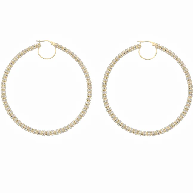 Simple Rose Gold Bangles For Special Moments-Beautiful Gemstone Earrings For Birthday-Two-Tone Iced Round Hoop Earring (14K)