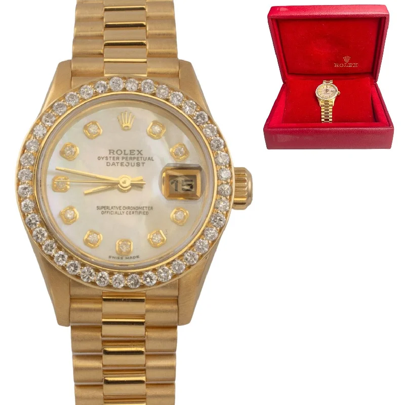 Women’s Watches With Stainless Steel Cases-Classic Custom Engagement Bangles For Brides-1999 Rolex DateJust President 79178 18k Yellow Gold MOP Dial 26mm Ladies w/ BOX