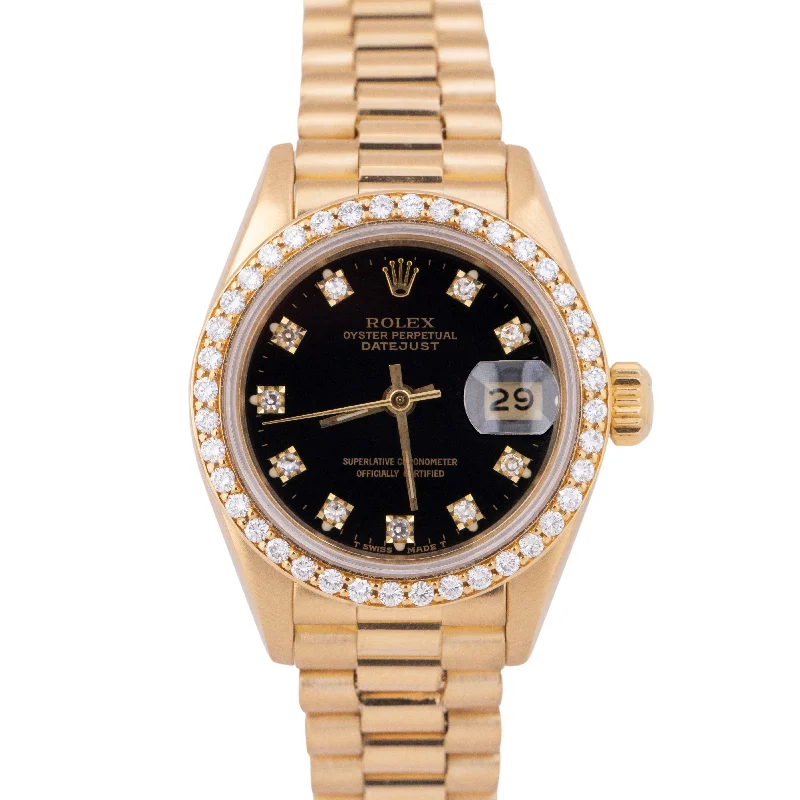 Watches With Long Battery Life-Simple Custom Engagement Bangles For Bridesmaids-PAPERS Ladies Rolex DateJust President 26mm Black DIAMOND Gold Watch 69138 BOX