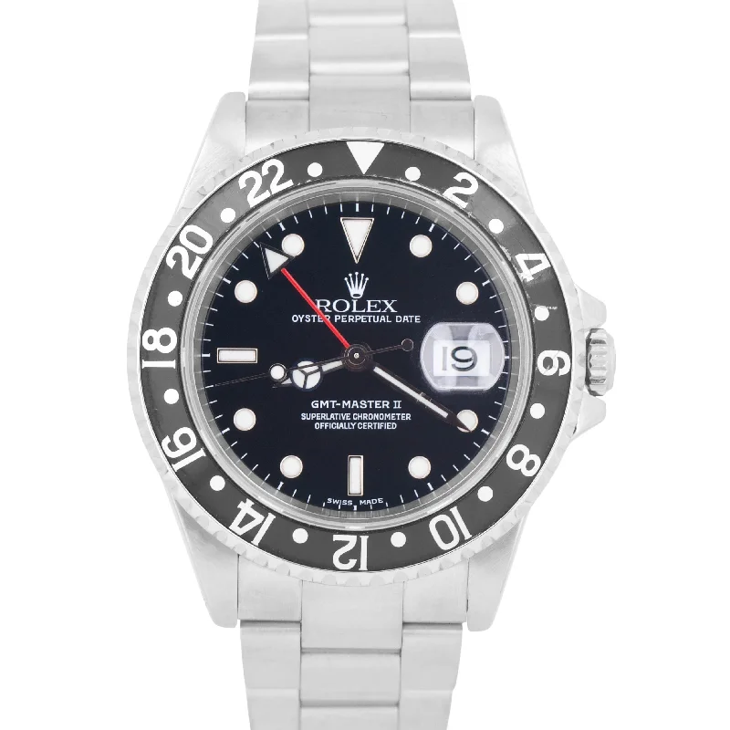 Unique Watches For Collectors-Personalized Gemstone Bangles For Bridal Gifts-Rolex GMT-Master II 40mm Black Stainless Steel Red Oyster Date Watch 16710