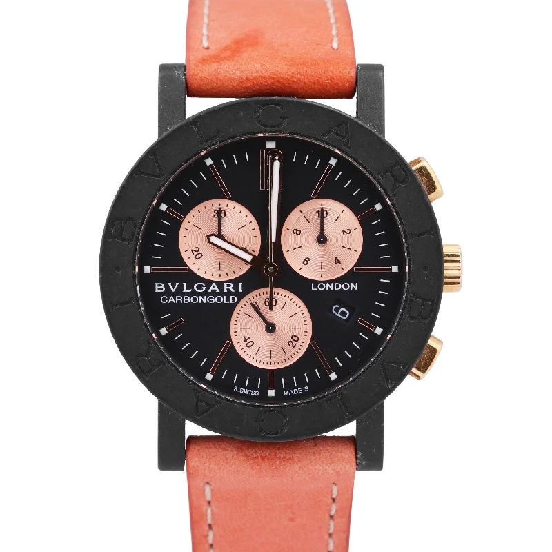 Women’s Dress Watches For Evening Wear-Classic Custom Rose Gold Bangles For Bridesmaids-Bvlgari Carbongold BLACK Carbon Pink 38mm Gold Quartz Chronograph BB 38 CL CH