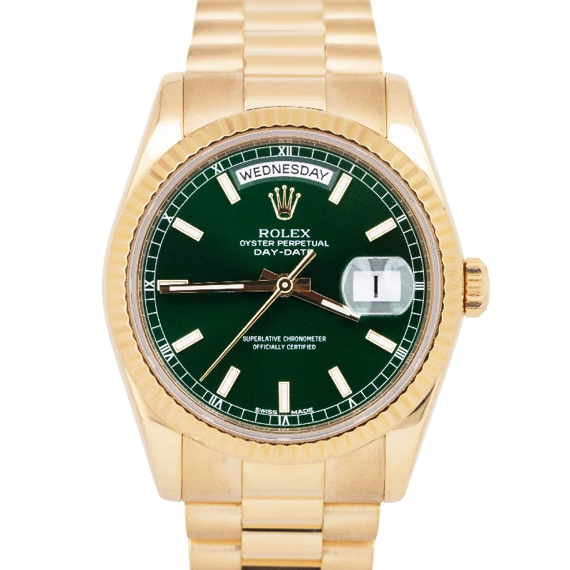 Affordable Watches For Men-Classic Silver Bangles For Everyday Style-2022 RSC Rolex Day-Date President GREEN 18K Yellow Gold 36mm 118238 Watch BOX