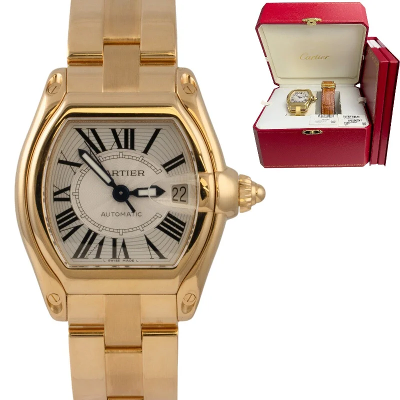 Water-Resistant Watches For Swimming-Luxury Custom Diamond Bangles For Brides-Cartier Roadster W62005V1 2524 18k Gold White Roman Guilloche 37mm BOX & CERT