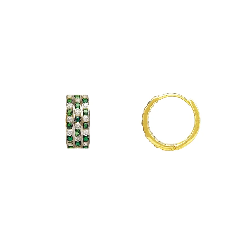 Elegant Custom Bangles For Wedding Day-Chic Drop Earrings For Night Out-Green & White Checkered Channel CZ Huggie Earrings (14K)