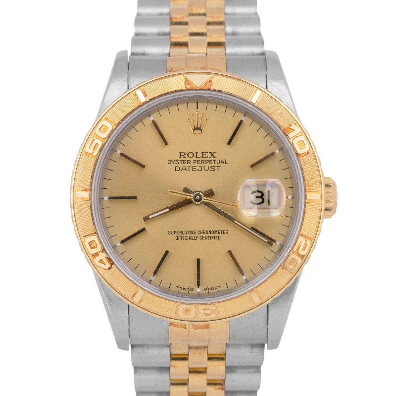 Classic Gold Watches For Women-Elegant Wedding Bangles With Custom Engagement Stones-MINT Rolex DateJust Turn-O-Graph 16263 Thunderbird 36mm CHAMPAGNE 18K Gold Watch