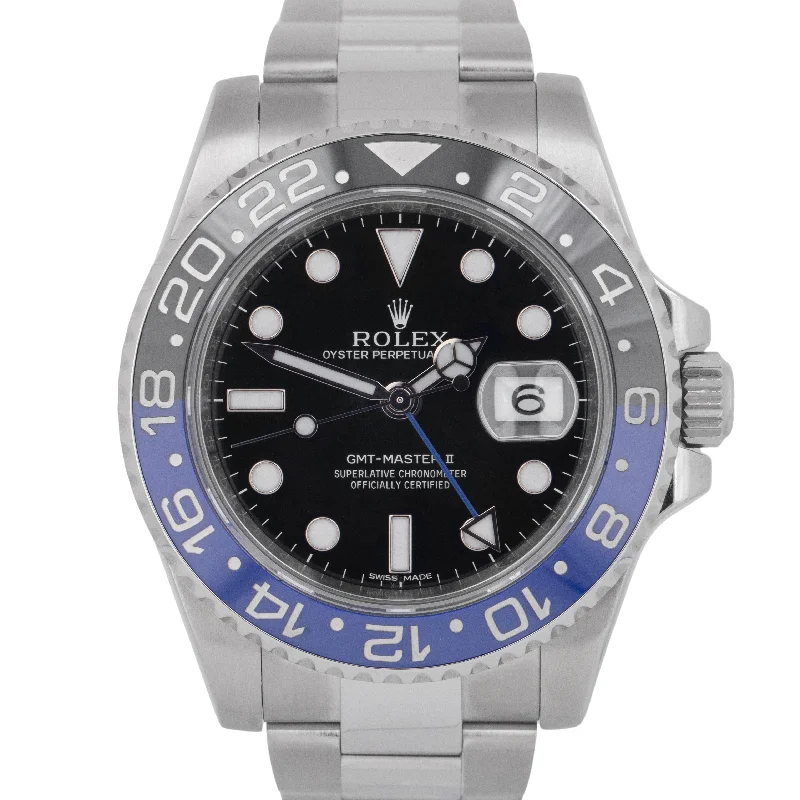 Retro Watches For Vintage Lovers-Classic Custom Wedding Bangles For Bridesmaids-PAPERS Rolex GMT-Master II Batman Blue Stainless 40mm Watch 116710 BLNR BOX