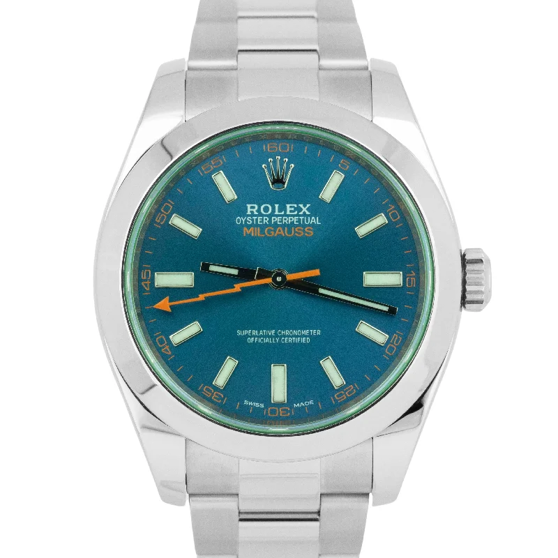 Stylish Watch Sets For Couples-Classic Diamond Wedding Bangles For Bridesmaids-MINT 2019 PAPERS Rolex Milgauss Z-Blue Green 40mm 116400 GV Steel Watch BOX