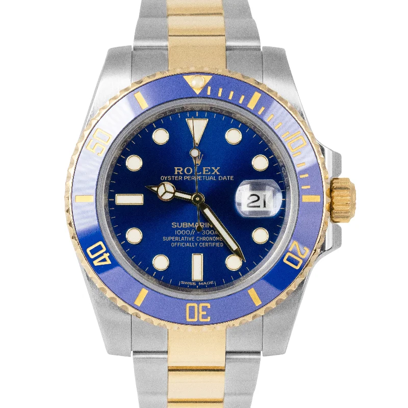 Custom Watches With Personalized Messages-Trendy Custom Wedding Bangles For Bridesmaids Gifts-MINT PAPERS Rolex Submariner Date Two-Tone Gold Steel BLUE 40mm 116613 LB BOX