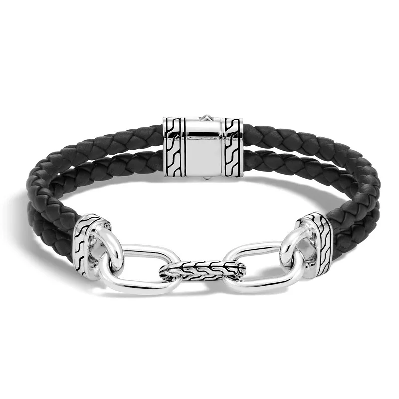 Cool Metal Bracelets For Men-Trendy Gemstone Bangles For Wedding Day Gifts-Classic Chain Silver Link Bracelet on Black Leather