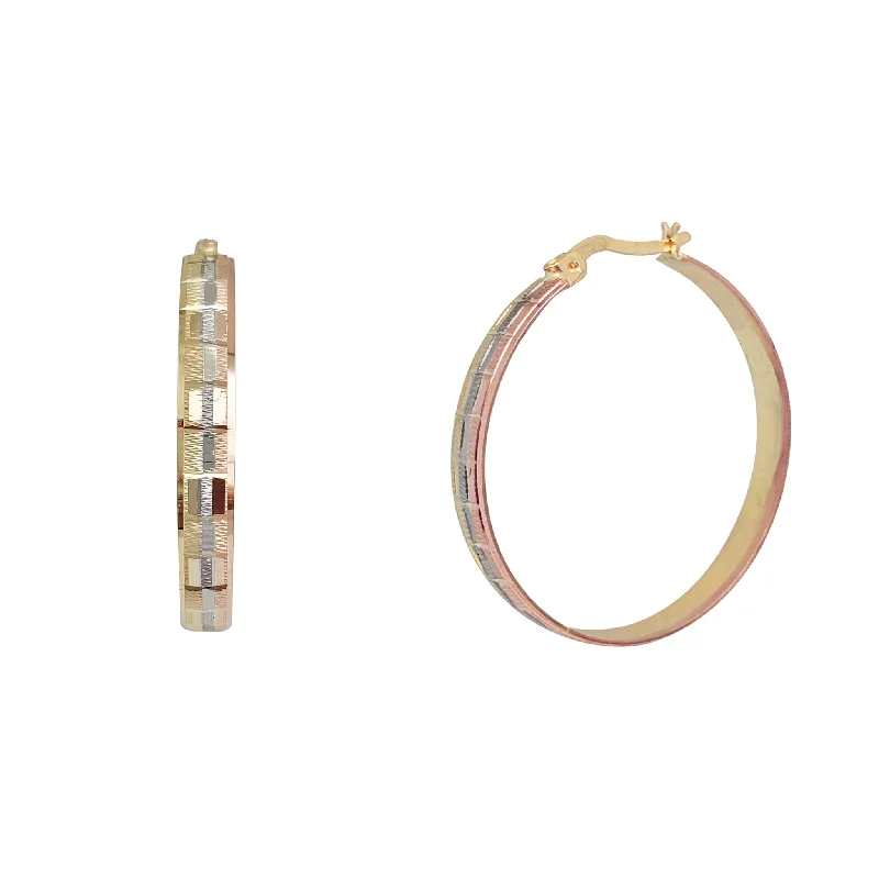 Custom Rose Gold Bangles For Special Moments-Fashionable Earrings For Formal Events-Tricolor Checkered Patterns Hoop Earrings (14K)