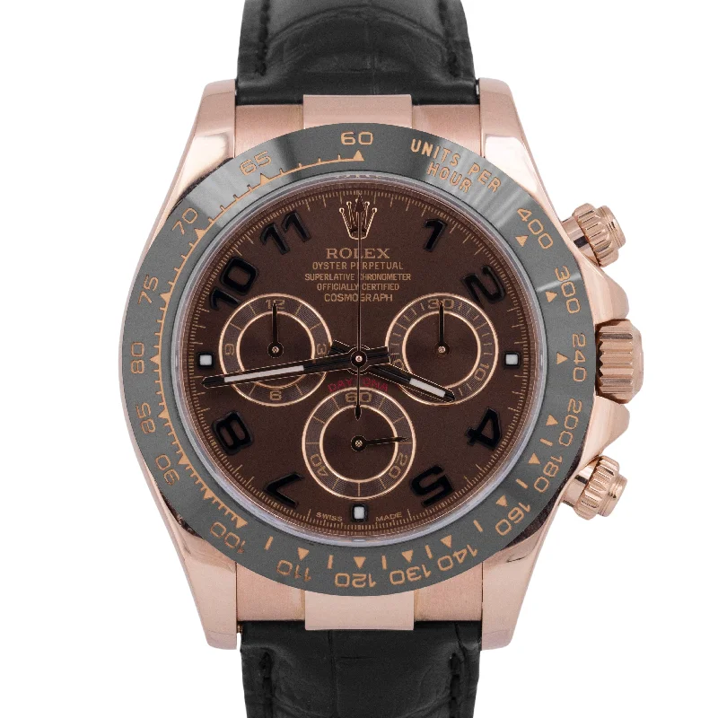 Luxury Sports Watches For Athletes-Elegant Custom Gold Bangles For Fashion Brides-MINT PAPERS Rolex Daytona Chocolate Arabic 18K Rose Gold Ceramic 116515 40mm BOX