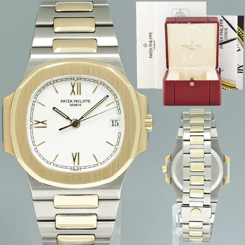 Trendy Watches With Colorful Faces-Elegant Wedding Bangles With Custom Designs-1997 MINT PAPERS Patek Philippe 37mm 3800 Nautilus White Yellow Gold Two Tone Watch