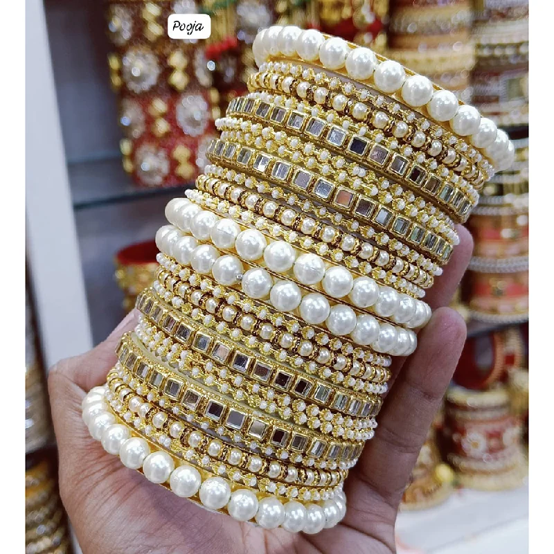 Elegant Custom Wedding Bangles For Brides-Pooja Bangles Gold Plated Mirror And Pearl Bangles Set