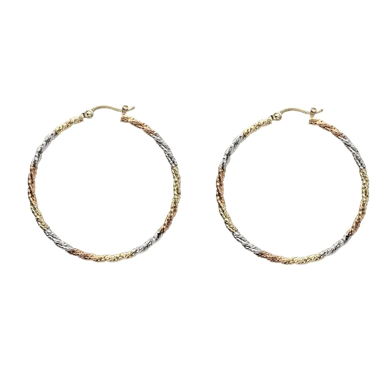 Trendy Custom Wedding Bangles For Brides-Classic Silver Hoop Earrings For Casual Wear-Tri-Color Rope Hoop Earrings (14K)