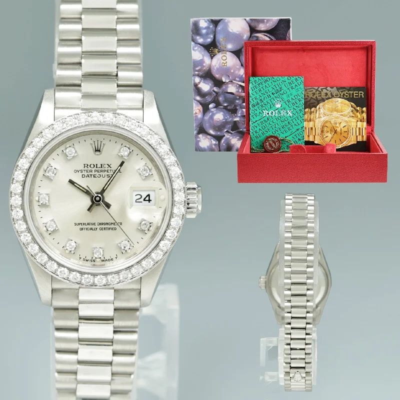 High-End Watches With Chronograph Features-Trendy Custom Wedding Bangles For Bridesmaids-MINT Ladies Rolex DateJust 26 Platinum Diamond Bezel and Dial 69136 Watch Box