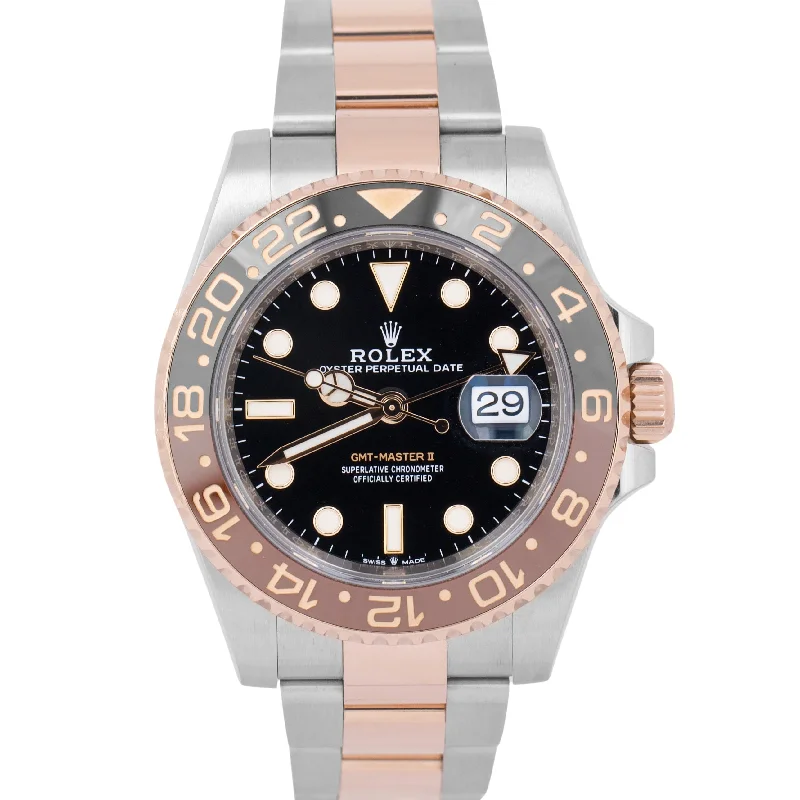 Women’s Watches With Stainless Steel Bands-Luxury Custom Gold Bangles For Bridal Jewelry-NEW PAPERS Rolex GMT-Master II 18K Rose Gold Steel ROOT BEER 126711 40mm BOX