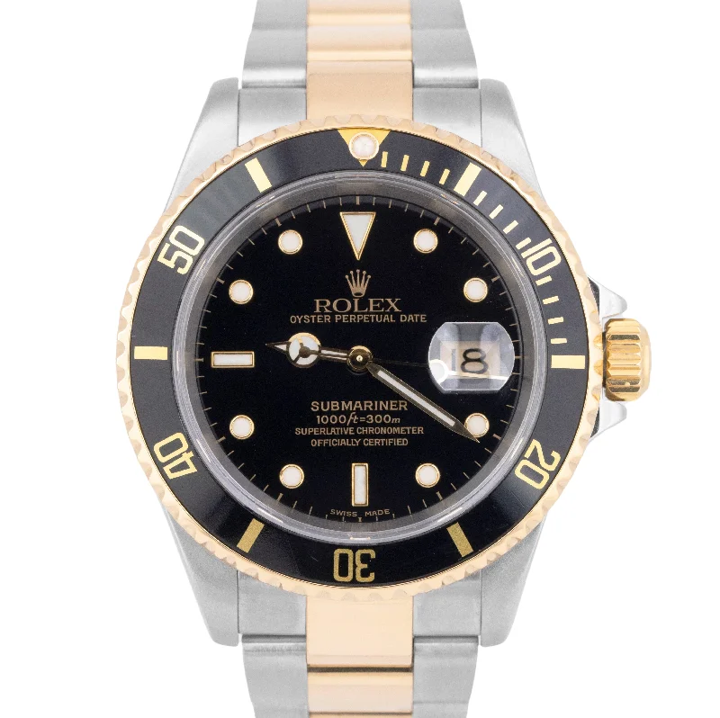 Stylish Watches With Touchscreen Features-Classic Custom Gold Wedding Bangles For Brides-2000 Rolex Submariner Date 18K GOLD BUCKLE Black SEL Steel 40mm Watch 16613