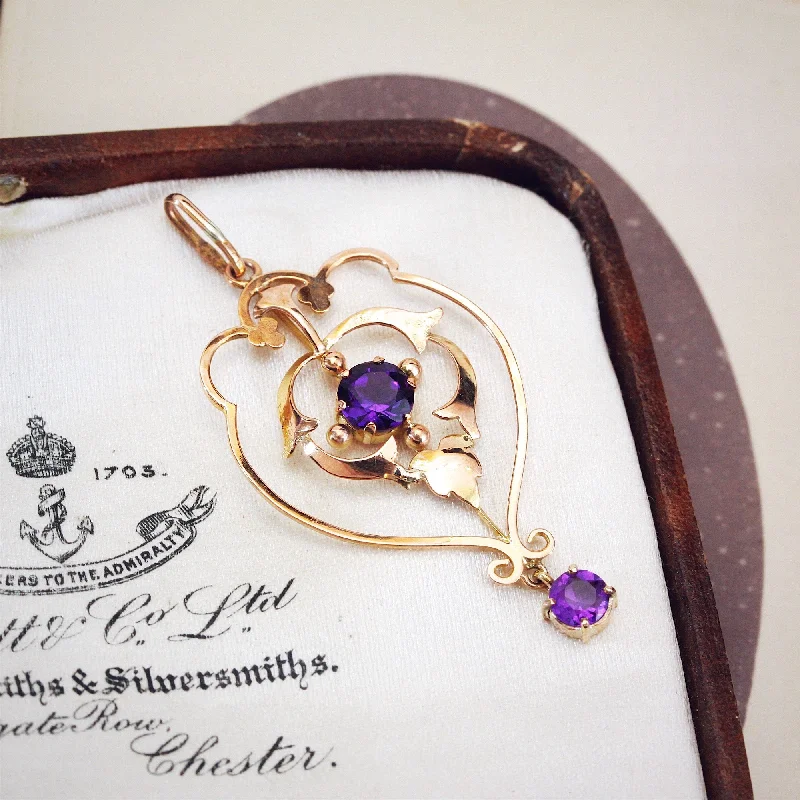 Elegant Wedding Bangles With Custom Designs-Elegant Long Necklace For Day Wear-Antique Art Nouveau Amethyst Pendant