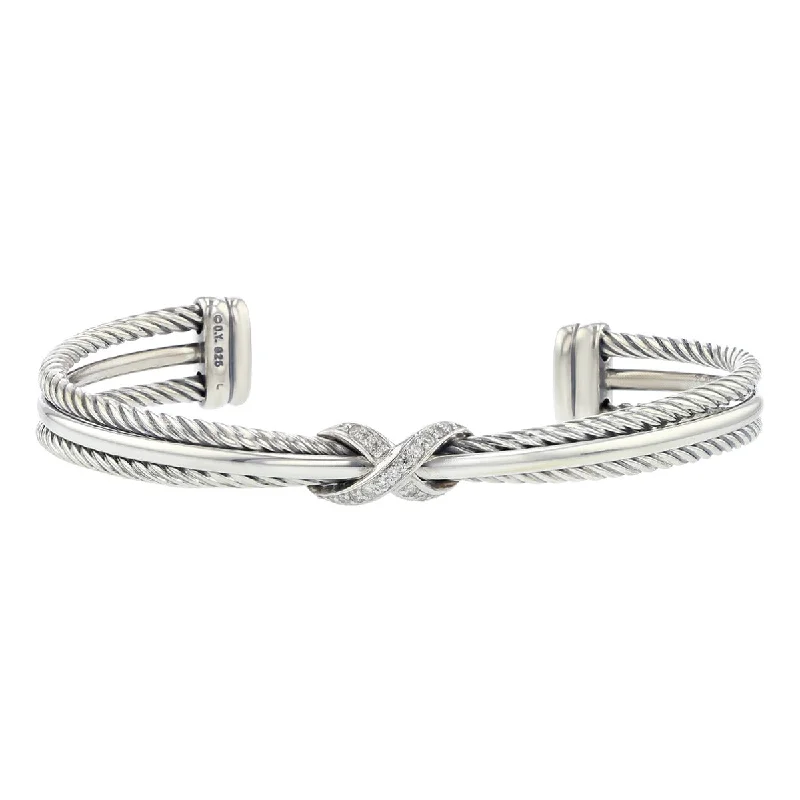 Silver Charm Bracelets-Sparkling Wedding Bangles With Custom Details-David Yurman Crossover X Bracelet in Sterling Silver with Diamonds