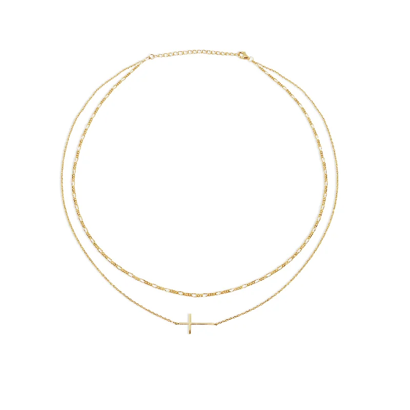 Trendy Custom Gold Bangles For Bridesmaids-Luxury Diamond Necklace For Special Occasions-THE FIGARO CHAIN LAYERING CROSS NECKLACE