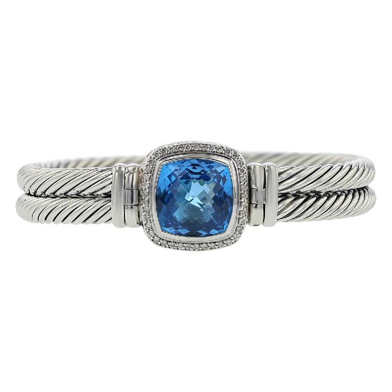 Trendy Friendship Bracelets For Women-Trendy Wedding Bangles With Custom Designs-David Yurman Blue Topaz And Diamond Albion Double Cable Bracelet