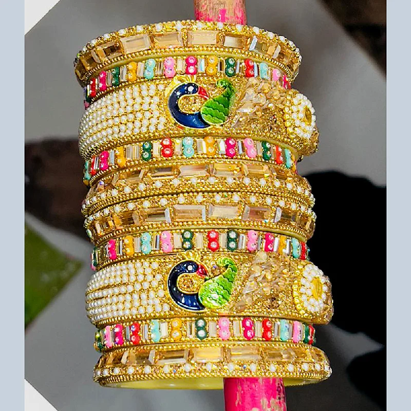 Classic Silver Bangles For Wedding Rings-Pooja Bangles Gold Plated Meenakari And Crystal Bangles Set