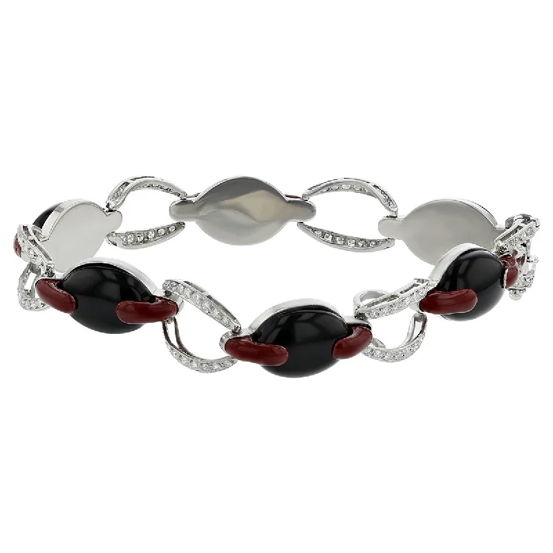 Vintage Inspired Bracelets-Personalized Custom Bangles For Special Occasions-Black Onyx, Red Enamel and Diamond Link Bracelet