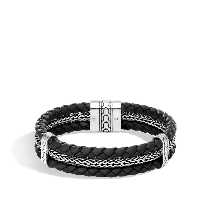 Women’s Customizable Bracelets-Sparkling Wedding Bangles With Custom Designs-Classic Chain Silver Triple Row Bracelet on Black Leather