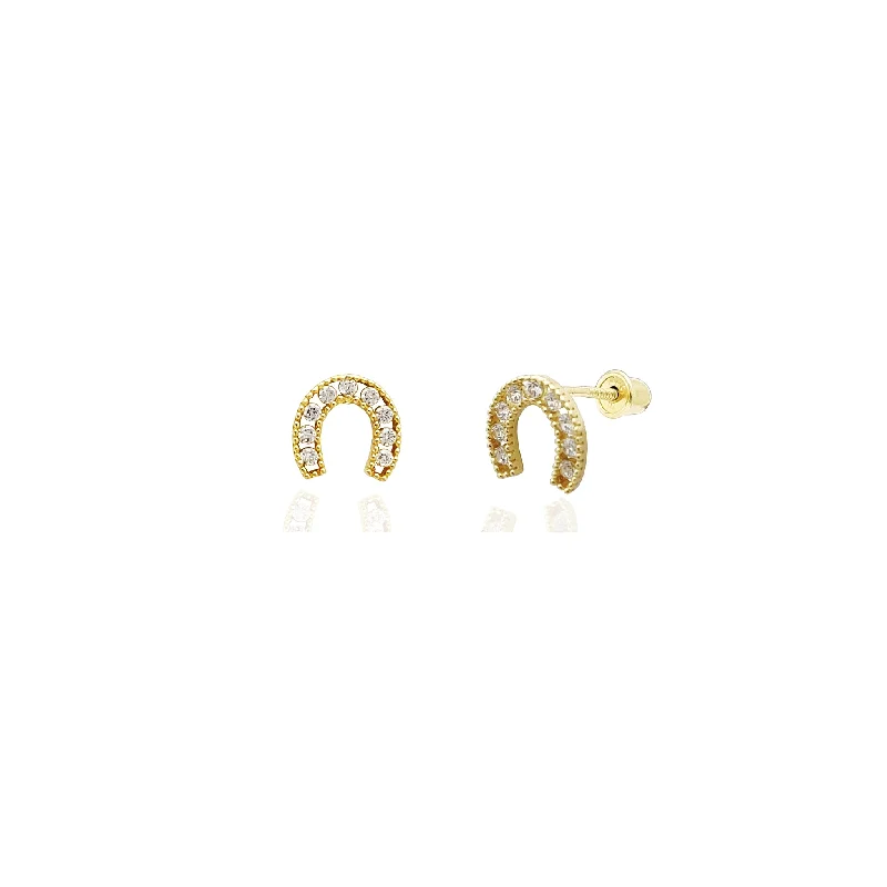 Trendy Custom Wedding Bangles For Grooms-Simple Gold Earrings For Holiday Gifts-Mini Horseshoe Stud CZ Earrings (14K)