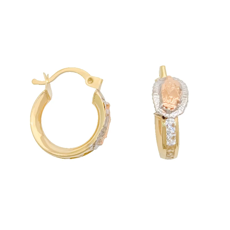 Luxury Gemstone Bangles For Wedding Day-Small Gold Hoop Earrings For Women-Tricolor Virgin Mary CZ Huggie Earring (14K)