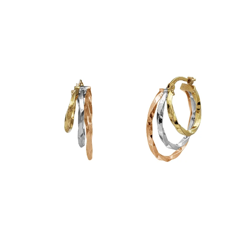 Trendy Rose Gold Bangles For Wedding Day-Silver Earrings For Birthday Gifts-Tricolor Trio Twist Hoop Earrings (14K)