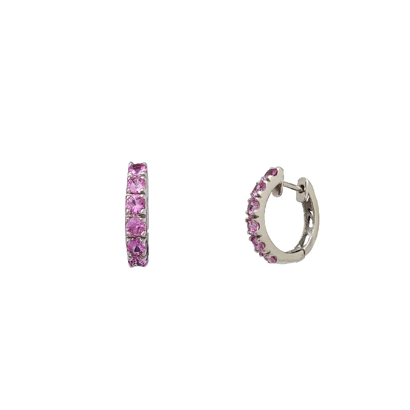 Sparkling Wedding Bangles With Personal Touch-Colorful Earrings With Mixed Gemstones-Pink Sapphire Huggie Earrings (14K)