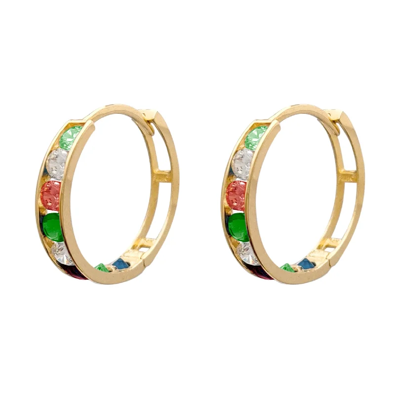 Personalized Engagement Bangles For Bridesmaids-Long Drop Earrings With Gemstones-Green, White & Red Zirconia Hoop Earrings (14K)