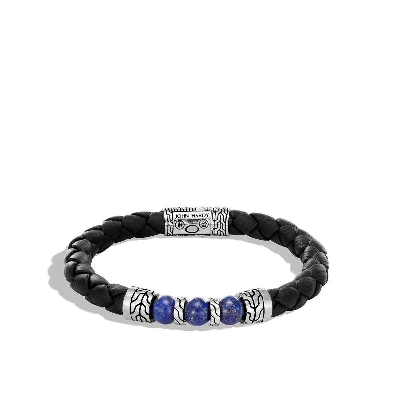 Sports Team Bracelets-Classic Diamond Wedding Bangles For Bridesmaids-Classic Chain Silver Bracelet on Black Leather with Lapis Lazuli Beads