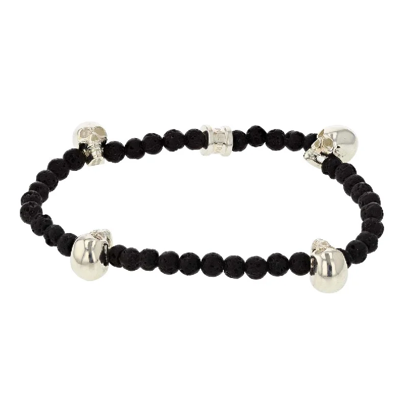 Wide Band Bracelets-Simple Rose Gold Bangles For Special Moments-Black Lava Bead Stretch Bracelet with Silver Skulls