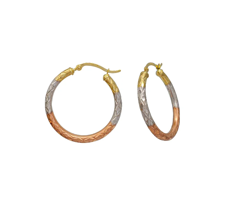 Elegant Gemstone Bangles For Fashion Bridesmaids-Stylish Crystal Earrings For Night Events-Tri-Tone Diamond-Cut Hoop Earring (14K)