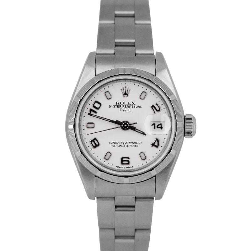 Stylish Watches For Sports Enthusiasts-Trendy Wedding Bangles For Fashion Bridesmaids-PAPERS Rolex Oyster Perpetual Date White 26mm Engine-Turned Steel 69190 BOX