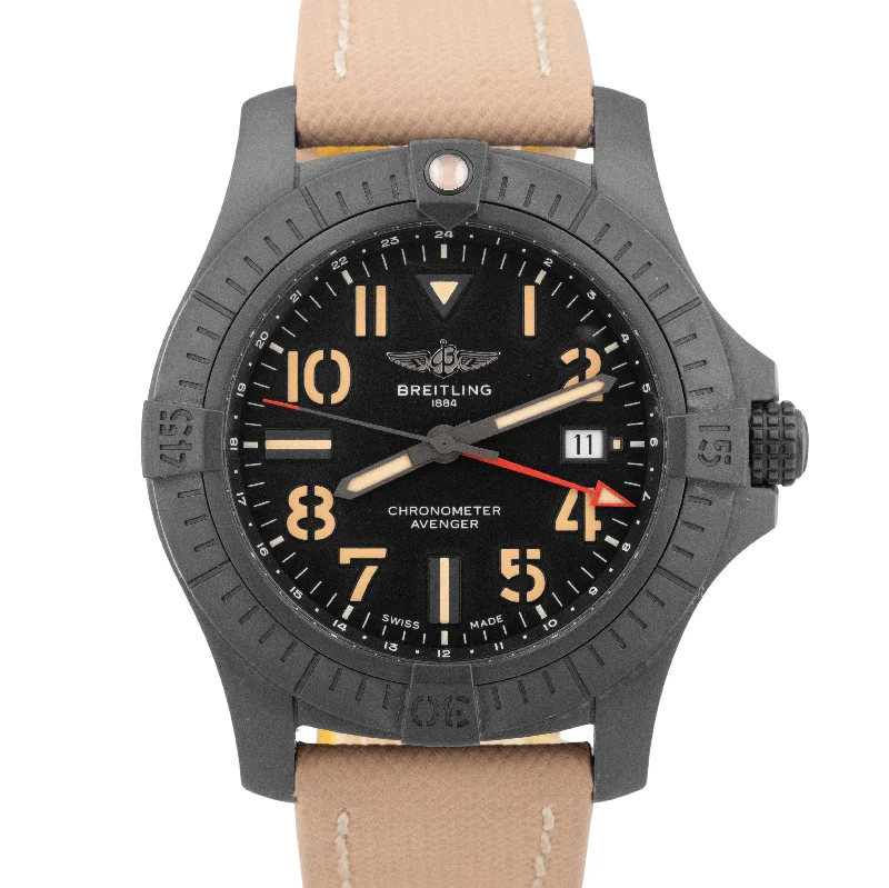 Solar Powered Watches For Eco-Conscious Consumers-Trendy Stacking Bangles For Modern Brides-Breitling Avenger GMT Night Mission 45 TITANIUM DLC Black 45mm Watch V32395