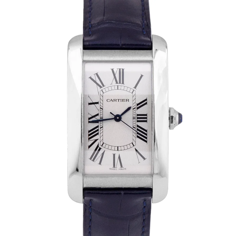 Comfortable Watches For Sports Activities-Elegant Gold Bangles For Custom Wedding Jewelry-MINT Cartier Tank Americaine WSTA0018 - 3972 Silver Leather Automatic Watch BOX