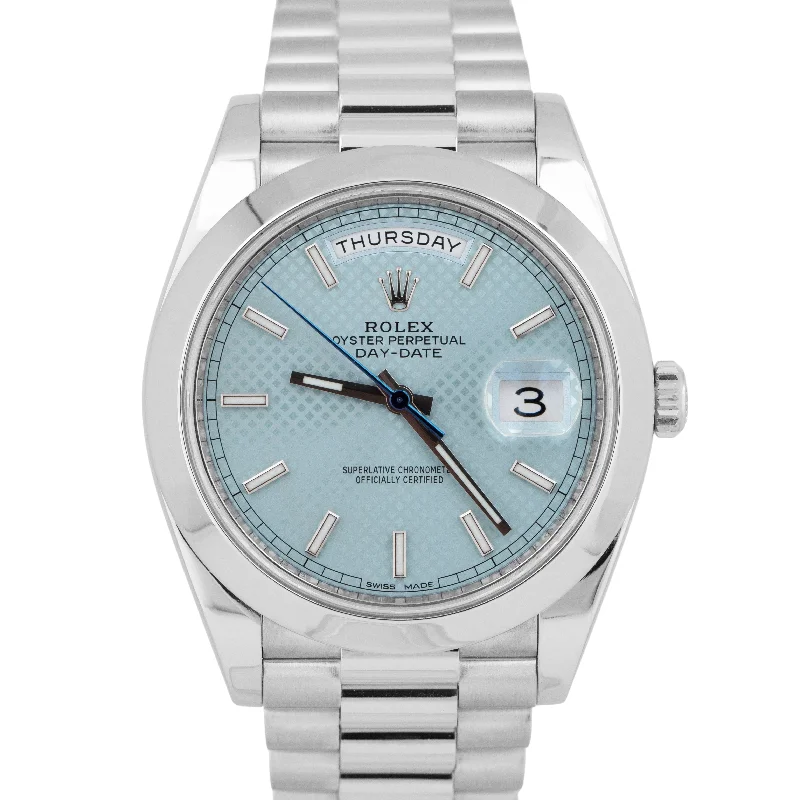 Elegant Watches For Evening Parties-Sparkling Wedding Bangles With Personal Touch-MINT PAPERS Rolex Day-Date President 40mm Platinum Blue Motif Glacier 228206 BOX