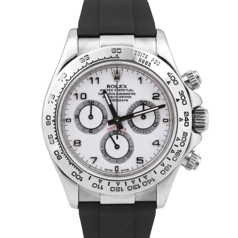 Luxury Watches With Unique Designs-Sparkling Gold Bangles For Anniversary Celebrations-Rolex Daytona Cosmograph WHITE ARABIC 18K White Gold Black Rubber Watch 116519