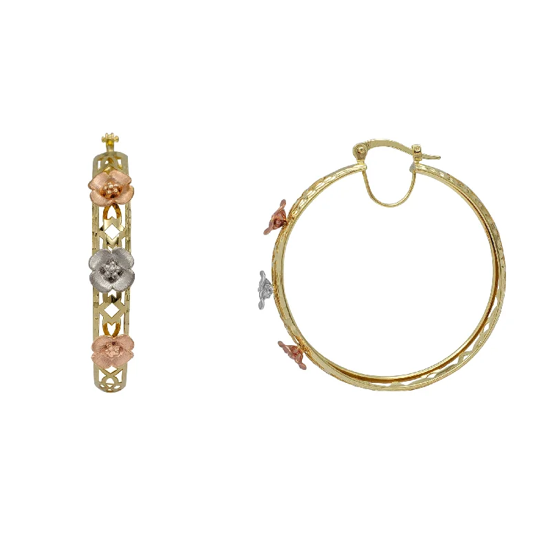 Elegant Custom Bangles For Timeless Style-Gold Drop Earrings With Rhinestones-Tricolor Flower Outlined Hoop Earrings (14K)