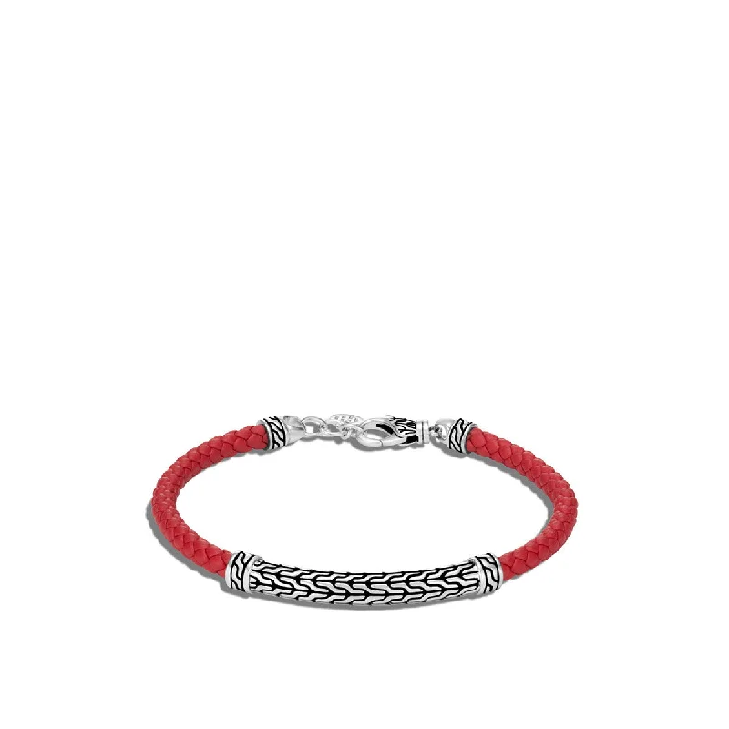 Vintage Gold Bracelets-Simple Silver Wedding Bangles For Bridesmaids-Classic Chain Silver Station Bracelet on Red Woven Leather