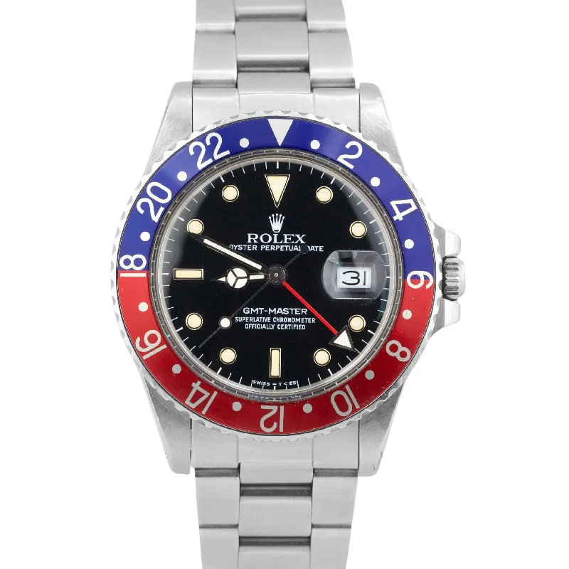 Designer Watches For Exclusive Collections-Trendy Custom Silver Wedding Bangles For Brides-1987 Rolex GMT-Master PEPSI Stainless Steel Red Blue Oyster Date 16750 Watch