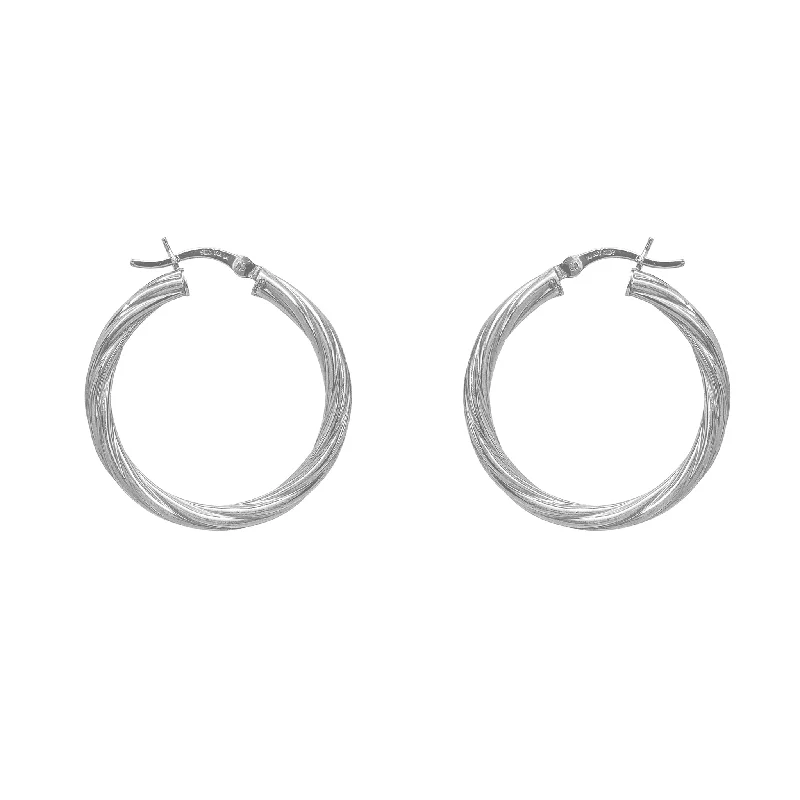 Classic Custom Engagement Bangles For Brides-Personalized Silver Earrings With Birthstone-Twist Churro Hoop Earrings (Silver)