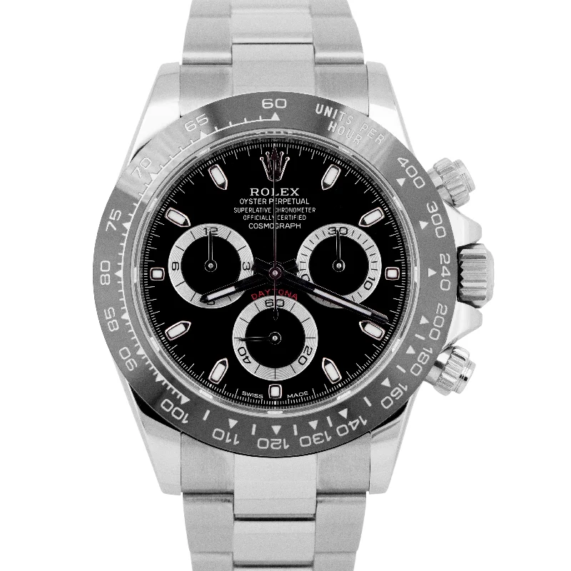 Designer Watches For Women-Classic Silver Wedding Bangles For Bridesmaids-MINT PAPERS Rolex Daytona Cosmograph Steel Black Ceramic 40mm Watch 116500LN BOX