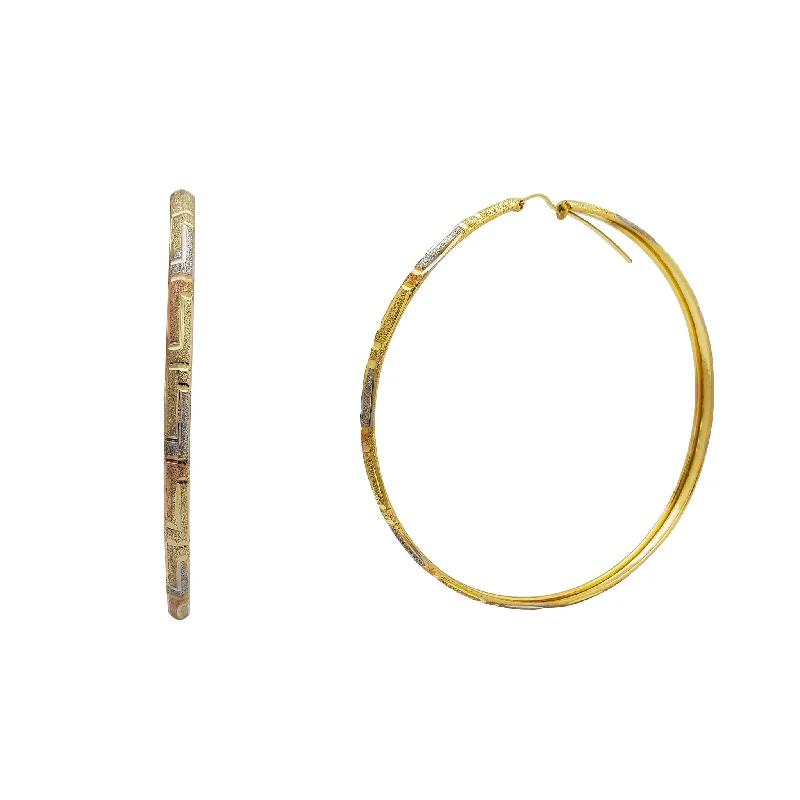 Simple Custom Gold Bangles For Wedding Day-Crystal Earrings For Elegant Look-Tricolor Sandblasted Greek-Key Hoop Earrings (14K)